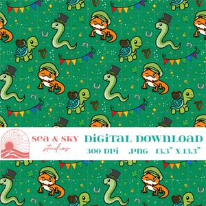 Puede incluir: Un patrón de descarga digital con temática del Día de San Patricio. El diseño incluye serpientes verdes, lagartos naranjas y tortugas verdes, todos con sombreros de duende. El patrón también incluye tréboles, arpas, herraduras y banderines de colores sobre un fondo verde.