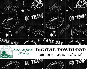 Patrón sin costuras de pizarra de fútbol blanca sobre fondo negro, diseño deportivo para el día del partido / Descarga digital PNG