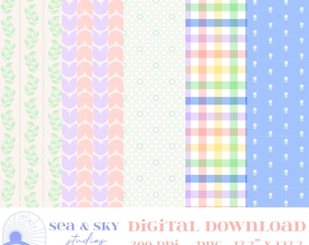 Pastel Spring Floral Bundle, 5 Seamless Digital Paper Designs | Digital Download PNG