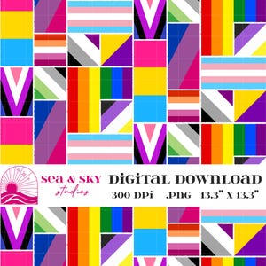 May include: A vibrant digital download showcasing a patchwork design of diverse LGBTQ+ pride flags. The design incorporates flags representing transgender, lesbian, bisexual, and other identities. The image is 33.8 cm x 33.8 cm and is labeled "Digital Download".