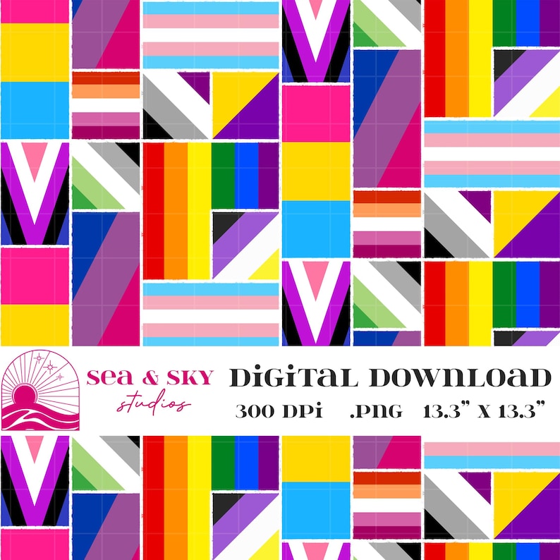 Puede incluir: Una descarga digital colorida que presenta un dise&ntilde;o de patchwork de varias banderas del orgullo LGBTQ+. El dise&ntilde;o incluye banderas que representan a personas transg&eacute;nero, lesbianas, bisexuales y otras identidades. La imagen mide 33,8 cm x 33,8 cm y est&aacute; etiquetada como "Descarga digital".