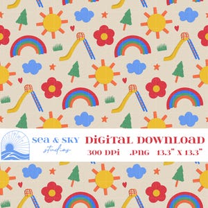 Könnte beinhalten: Ein nahtloses digitales Muster mit gelben Sonnen, blauen Wolken, roten Blumen, grünen Bäumen, bunten Regenbögen, gelben Rutschen und kleinen roten Herzen auf beigem Grund. Text: sea & sky studios DIGITAL DOWNLOAD 300 DPI .PNG 33,8 cm x 33,8 cm