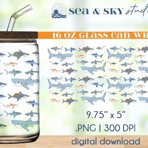 Op de afbeelding: Een doorzichtige glazen can wrap met een haaienpatroon. De wrap heeft verschillende cartoon haaien in tinten blauw, grijs en bruin. De tekst "16 OZ GLASS CAN WRAP" wordt weergegeven. Afmetingen: 24.77 cm x 12.7 cm.