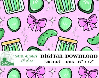 Pink Kawaii Pickle Seamless Pattern, Fun Food Design | Digital Download PNG