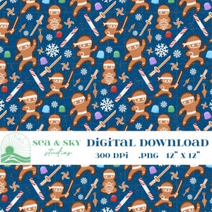 Puede incluir: Una descarga digital con un patrón repetitivo de personajes de ninja de pan de jengibre, espadas, shurikens, copos de nieve y bastones de caramelo sobre un fondo azul oscuro. El texto "sea & SKY studios DIGITAL DOWNLOAD 300 DPI .PNG 30,48 cm x 30,48 cm".