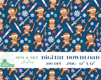 Patrón sin costuras de hombres de pan ninja azules, diseño kawaii de pan de jengibre / Descarga digital PNG