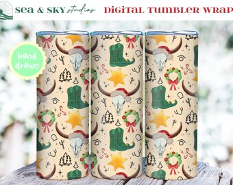 Cowboy Christmas Tumbler Wrap, Western Holiday 20oz Skinny | Digital Download PNG