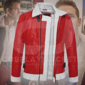 Ryan Reynolds Spirited Jacket | Christmas Santa Costume | Red Suede Leather Shearling Jacket