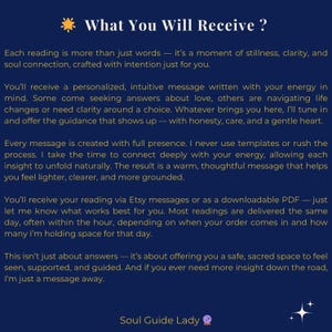 Peut inclure: Graphique bleu marine avec le texte "What You Will Receive ?" et des d&eacute;tails sur les lectures personnalis&eacute;es. Le texte d&eacute;crit le processus de r&eacute;ception d'un message, en mettant l'accent sur la clart&eacute;, les conseils et un espace s&ucirc;r.