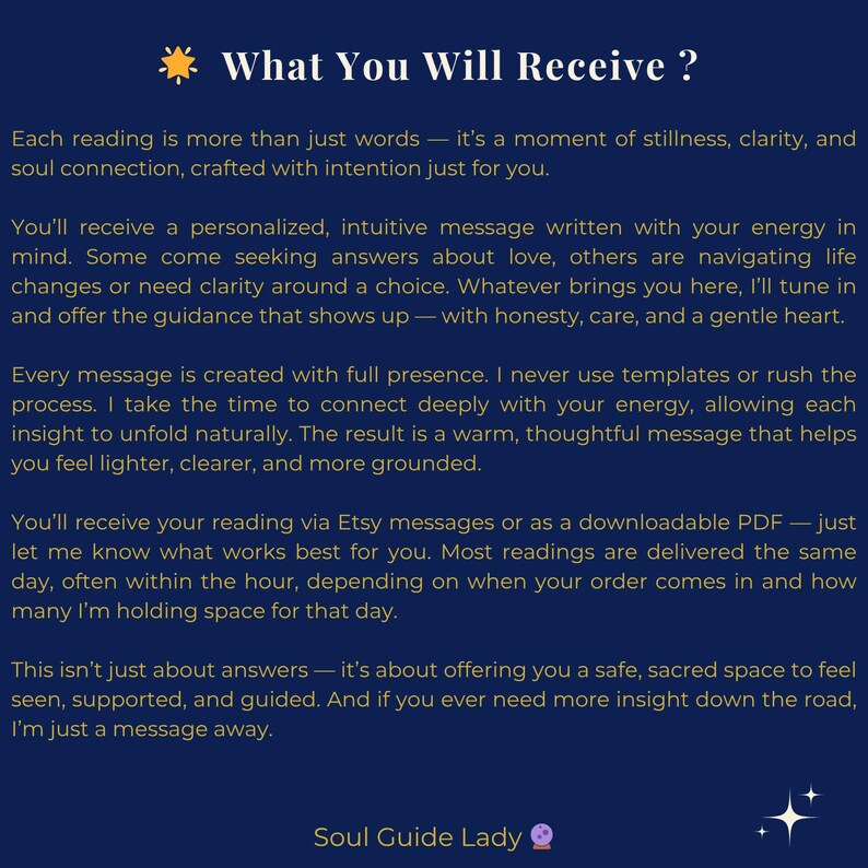 Peut inclure: Graphique bleu marine avec le texte "What You Will Receive ?" et des d&eacute;tails sur les lectures personnalis&eacute;es. Le texte d&eacute;crit le processus de r&eacute;ception d'un message, en mettant l'accent sur la clart&eacute;, les conseils et un espace s&ucirc;r.