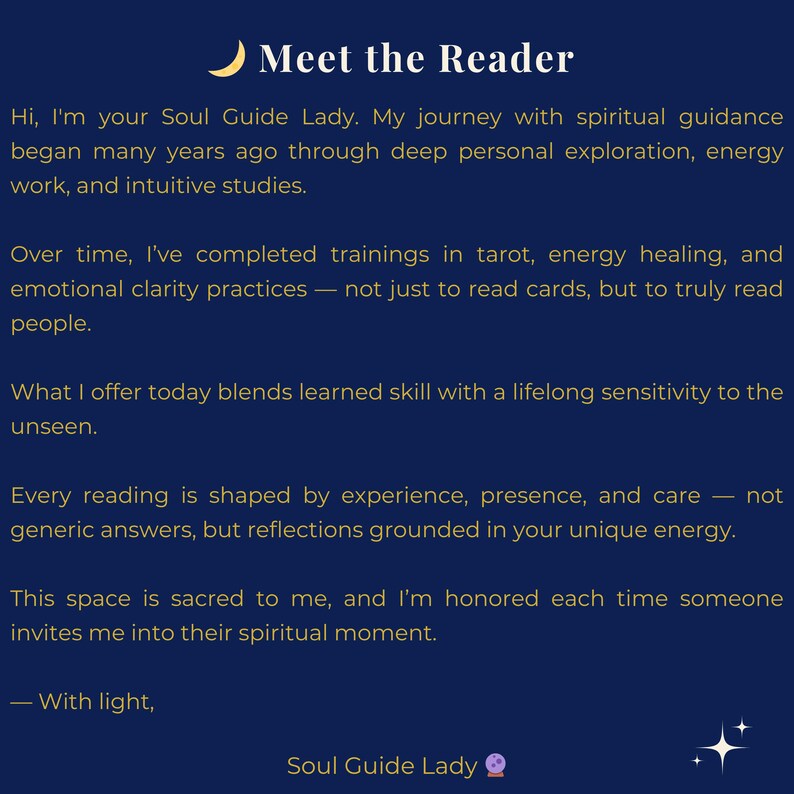 Peut inclure: Graphique bleu marine avec le texte "Meet the Reader" et une illustration de croissant de lune. Le texte d&eacute;crit la guidance spirituelle, le tarot, la gu&eacute;rison &eacute;nerg&eacute;tique et les pratiques de clart&eacute; &eacute;motionnelle. L'auteur est la "Soul Guide Lady".