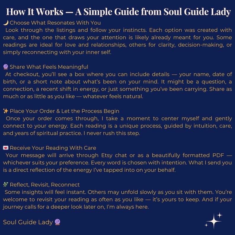 May include: A guide from Soul Guide Lady, detailing the process of readings. The text includes steps like choosing what resonates, sharing meaningful details, placing an order, receiving the reading, and reflecting. The background is a dark blue with white text.