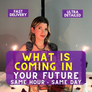 May include: A person holding tarot cards with text overlays reading FAST DELIVERY, ULTRA DETAILED, and WHAT IS COMING IN YOUR FUTURE SAME HOUR SAME DAY. Two lit purple candles stand on either side of the cards on a white surface with scattered petals.