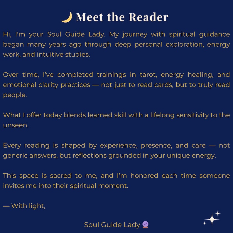 May include: A dark blue graphic with the text "Meet the Reader" and a crescent moon illustration. The text describes spiritual guidance, tarot, energy healing, and emotional clarity practices. The author is identified as "Soul Guide Lady."