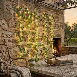 Peut inclure: Un mur en pierre orné de guirlandes lumineuses et de fausse lierre. Une table en bois présente des livres, un arrosoir et une petite plante succulente en pot. Une chaise en osier et une couverture sont au premier plan. La scène se déroule à l'extérieur avec une cheminée.