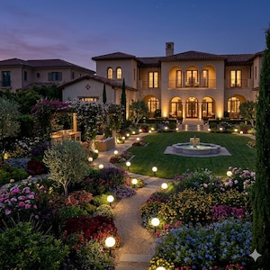 May include: A large, luxurious house with a well-manicured garden at dusk. The garden features a stone pathway, a fountain, and numerous colorful flower beds. Illuminated by soft, glowing lights, the house has multiple stories and a tiled roof.