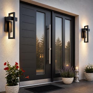 May include: A black front door with glass panels is flanked by black modern exterior wall sconces. The door has a silver handle and is set against white walls. Potted plants with red and white flowers and a black doormat decorate the entrance.