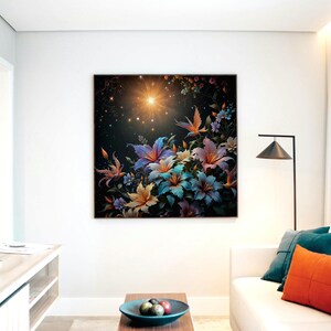 Celestial Garden - Verträumte Nacht Blumen & Feuervögel | Fantasie Blumen druckbare Wandkunst | Digitaler Download | Boho Sternenhimmel Dekor