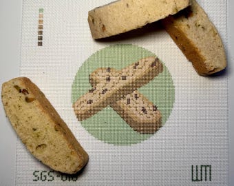 Tela para bordado Biscotti – Redonda de 10 cm (4") com 18 pontos por polegada, desenho de biscoito italiano pintado à mão para bordados festivos.