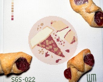 Rugelach/Hamantash - Tela de bordado em ponto cruz de 10 cm de diâmetro e 18 pontos por polegada, pintada à mão, com desenho de enfeite de biscoito para as festas judaicas.
