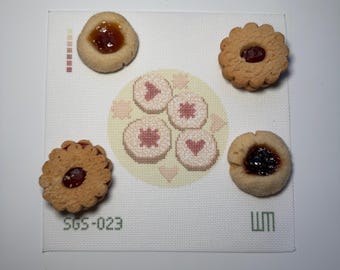 Tela de bordado Linzer Cookie – Redonda de 10 cm (4") com 18 pontos por polegada, pintada à mão. Ornamento de biscoito natalino austríaco.