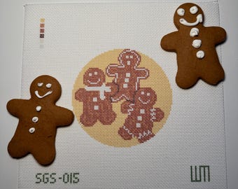 Tela de bordado em ponto cruz com bonecos de gengibre – 10 cm de diâmetro, 18 pontos por polegada, pintada à mão, com desenho de enfeite de biscoito natalino.