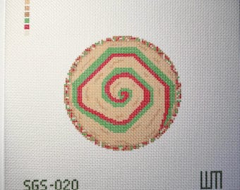 Tela de bordado em ponto cruz com desenho de biscoito em espiral e confeitos – Redonda de 10 cm (4") com tela de 18 pontos por polegada, pintada à mão.