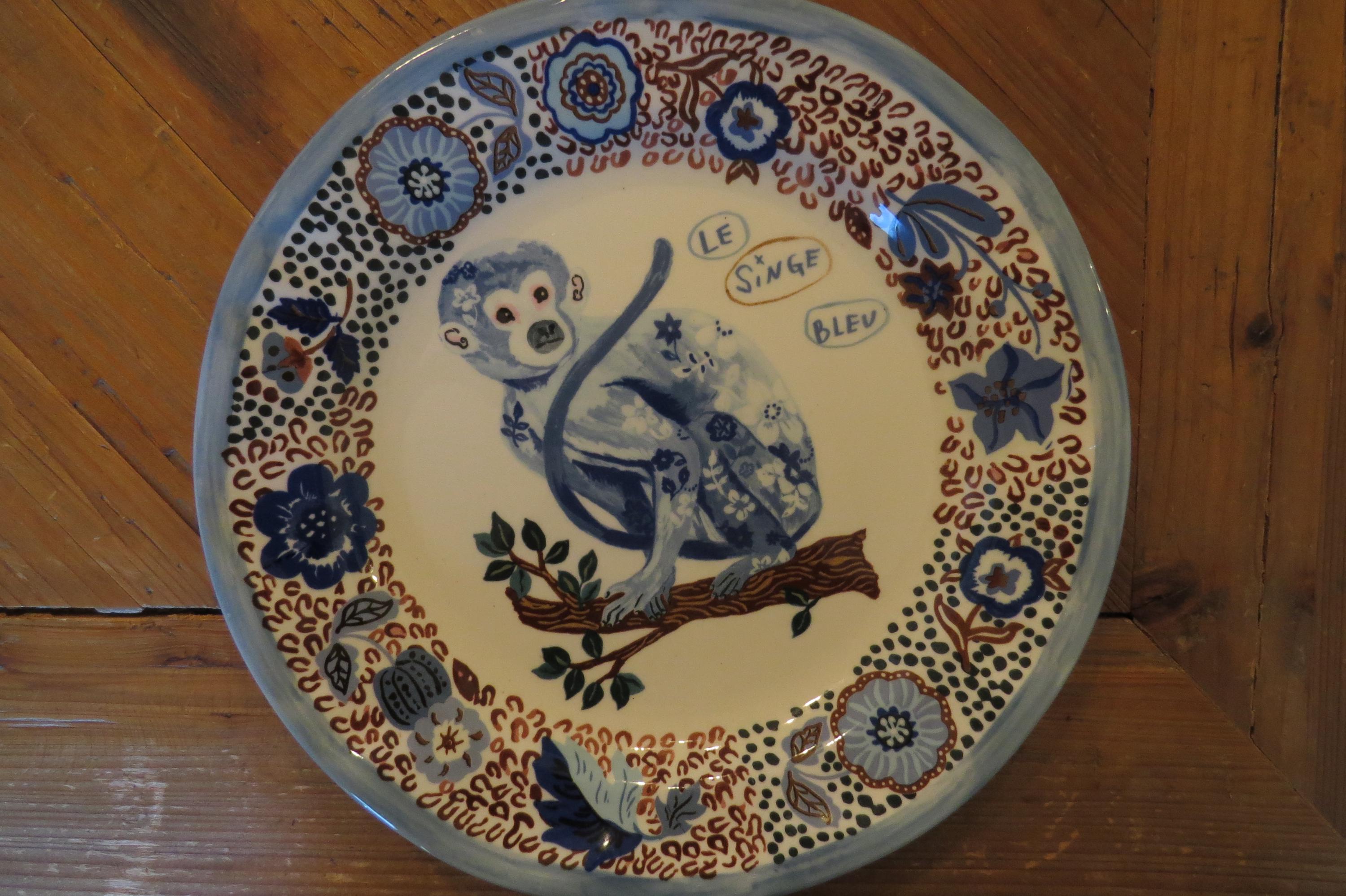 Anthropologie Nathalie Lete Plate MONKEY, White Plate Blue Border