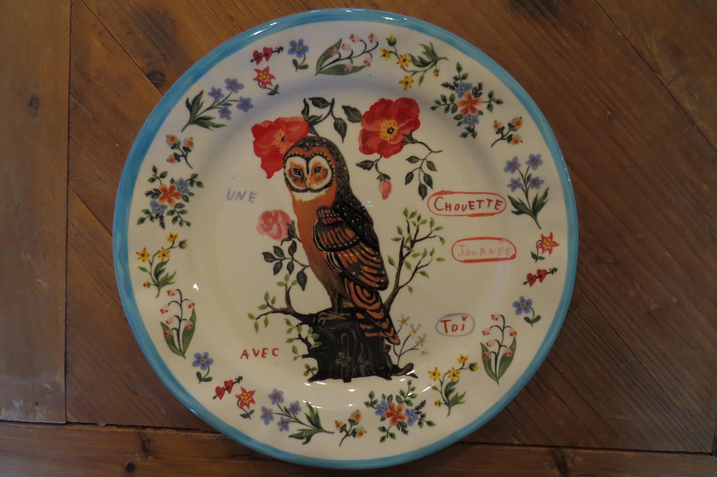 Anthropologie Nathalie Lete Plate OWL, White Plate Blue Border - Etsy