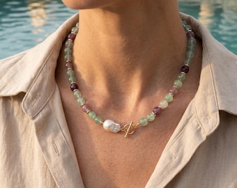 Fluorite Baroque Pearl Necklace, Multicolor Gemstone Beaded Jewelry