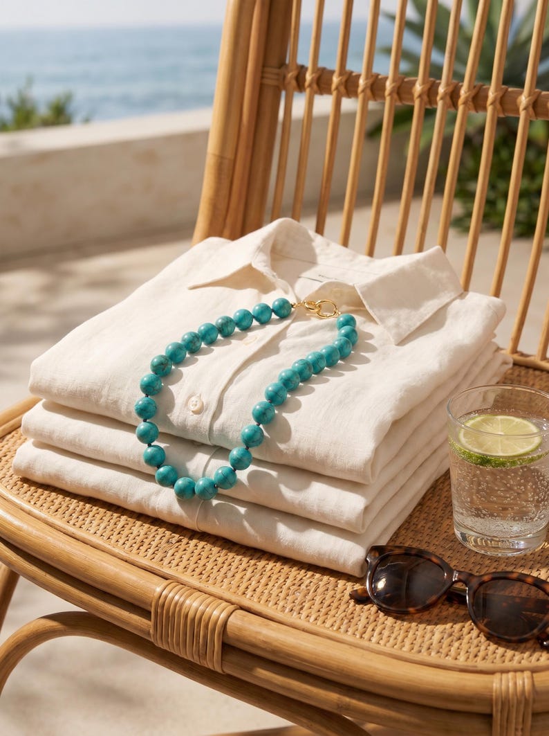 May include: A stack of folded white linen shirts with a turquoise beaded necklace and gold clasp. A glass of water with a lime wedge and tortoiseshell sunglasses rest on a woven chair. The scene is set outdoors with a view of the ocean.