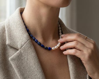 Lapis Lazuli Freshwater Pearl Necklace, Artisan Crafted Blue Gemstone Jewelry