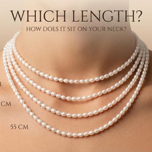 May include: A visual guide showcasing pearl necklaces of varying lengths: 40 cm, 45 cm, 50 cm, and 55 cm. The image includes the text "WHICH LENGTH? HOW DOES IT SIT ON YOUR NECK?" to help customers visualize the fit.