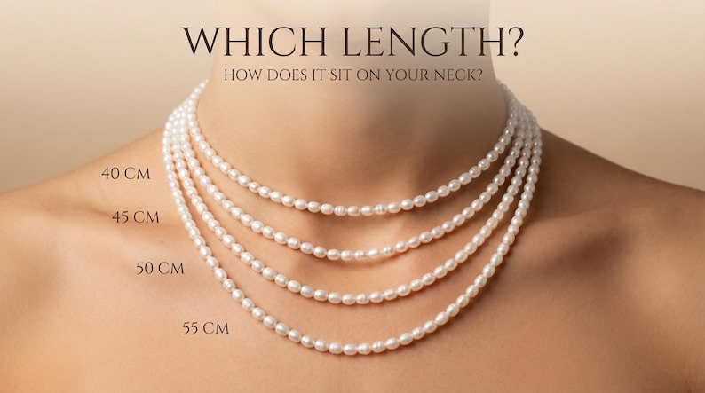 May include: A visual guide showcasing pearl necklaces of varying lengths: 40 cm, 45 cm, 50 cm, and 55 cm. The image includes the text "WHICH LENGTH? HOW DOES IT SIT ON YOUR NECK?" to help customers visualize the fit.