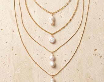 Dainty Freshwater Pearl Necklace, Minimalist Gold Stainless Steel, Four Designs