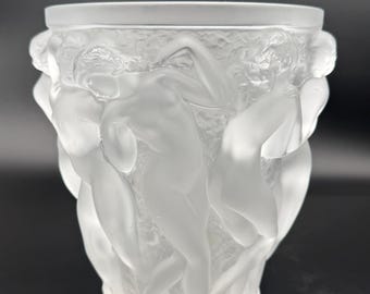 Lalique Bacchantes Vase, Signed French Crystal, Clear and Frosted, 9.5 Inches
