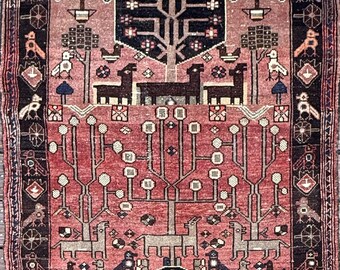 Vintage Turkish Wool Rug, Tree Animal Motif, 1970s Pictorial Design (3'9" x 7')