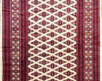 Vintage Pakistani Wool Rug, Burgundy Ivory Geometric Design, 4x6 ft