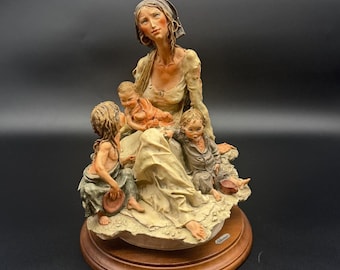 Giuseppe Armani Mother with Three Children Figurine, Capodimonte Mark, 10.5 Inches, Wooden Base