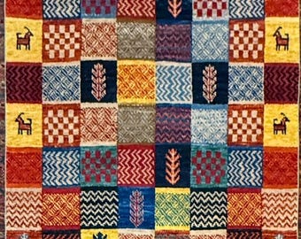 Handmade Wool Geometric Animal Motif Rug, Turkish Panel Design 4x8 ft
