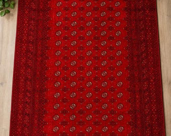 Vintage Handmade Turkoman Bokhara Rug Red Wool Turkish Tribal Area Rug 6.5x9.10