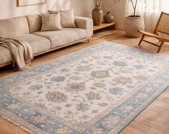 8x10 ft. Handmade Oushak Wool Rug: Modern Bohemian Carpet