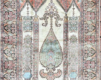 5.2x3.4 Vintage Kashmir Silk Rug, Hand Knotted Pictorial Small Area Rug