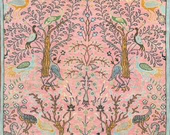 Pink Turkish Oushak Rug 8x8 ft, Hand-Knotted Wool, Tree of Life and Birds