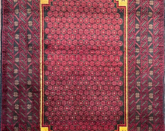 Vintage Burgundy Gold Geometric Wool Rug, 1990s Turkish Handmade (3'2" x 6')