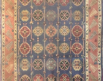 Vintage Hand Knotted Wool Rug 5.9x8.9 | Geometric Tribal Area Rug | Navy Blue & Blush Pink Carpet | Traditional Wool Rug | One of a Kind
