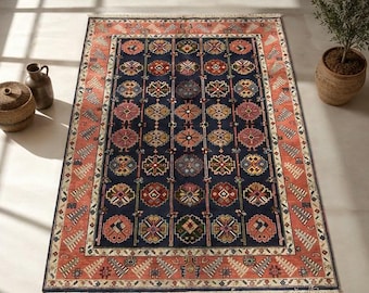 Vintage Hand Knotted Wool Rug 6x9 | Geometric Tribal Area Rug | Navy Blue & Blush Pink Carpet | Traditional Wool Rug | One of a Kind