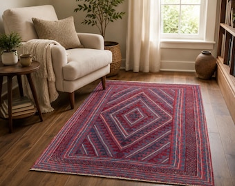 3.10x4.10 Vintage Turkish Wool Rug, Geometric Anatolian Area Rug