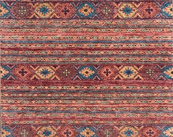 Handmade Wool Rug, Multicolor Striped Diamond Motif, 6x8 ft