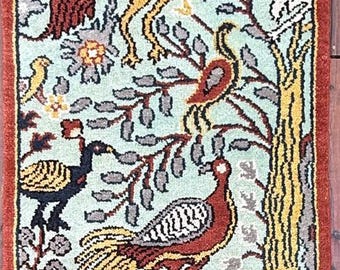 Turkish Oushak Style Runner 2.6x8.1, Tree of Life Bird Design, Handmade Wool Bohemian Accent Rug